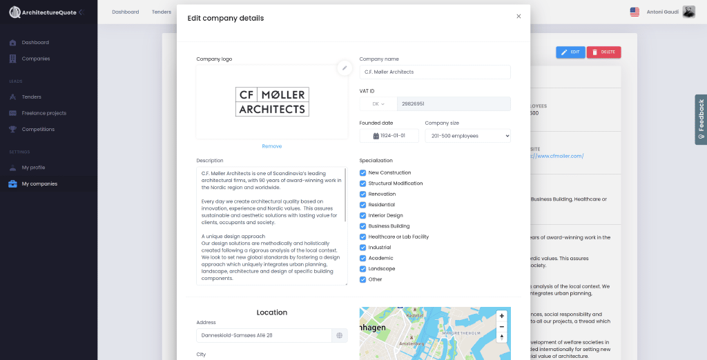 Company profile edit form Company profile edit form
